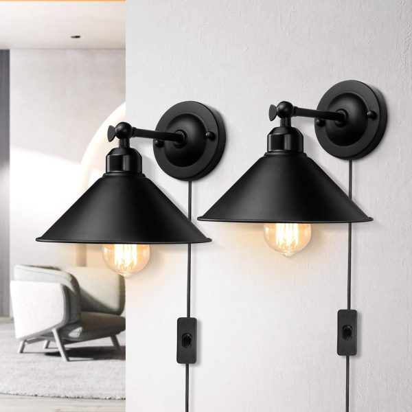 Plug in Wall Sconce, Black, Antique Swing Arm Vintage Industrial Light Fixture, Wall lamp with Plug in Cord On Off Switch  Base for Bedroom Bathroom Kitchen 2 Pack